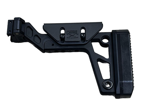 El 1913 Folding AR Stock Rear de Chisel Machining ofrece ajuste de longitud, pad ajustable, mecanismo de plegado robusto y múltiples puntos QD para tu comodidad.